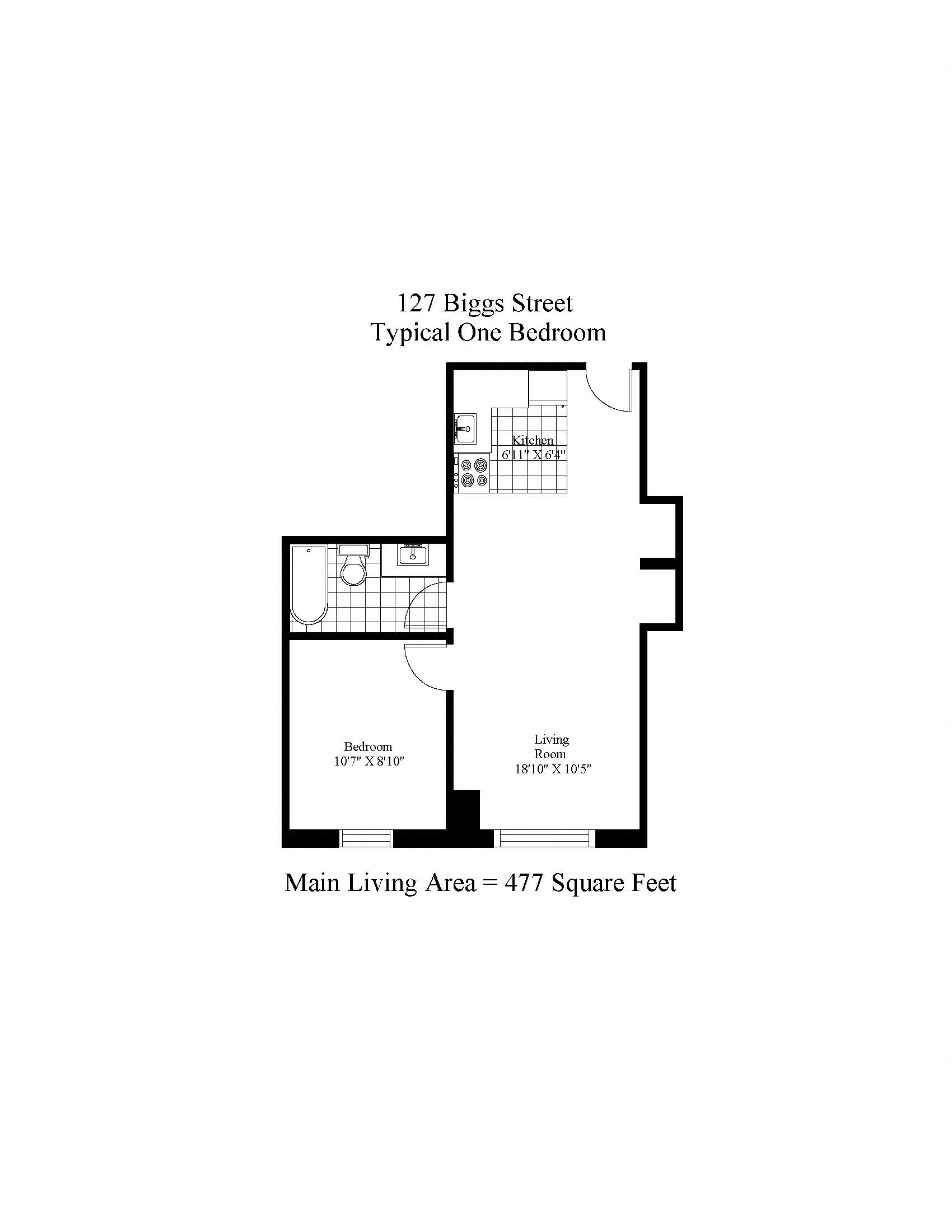 Floor plan for 1 bed, 1 bath, 642 sqft